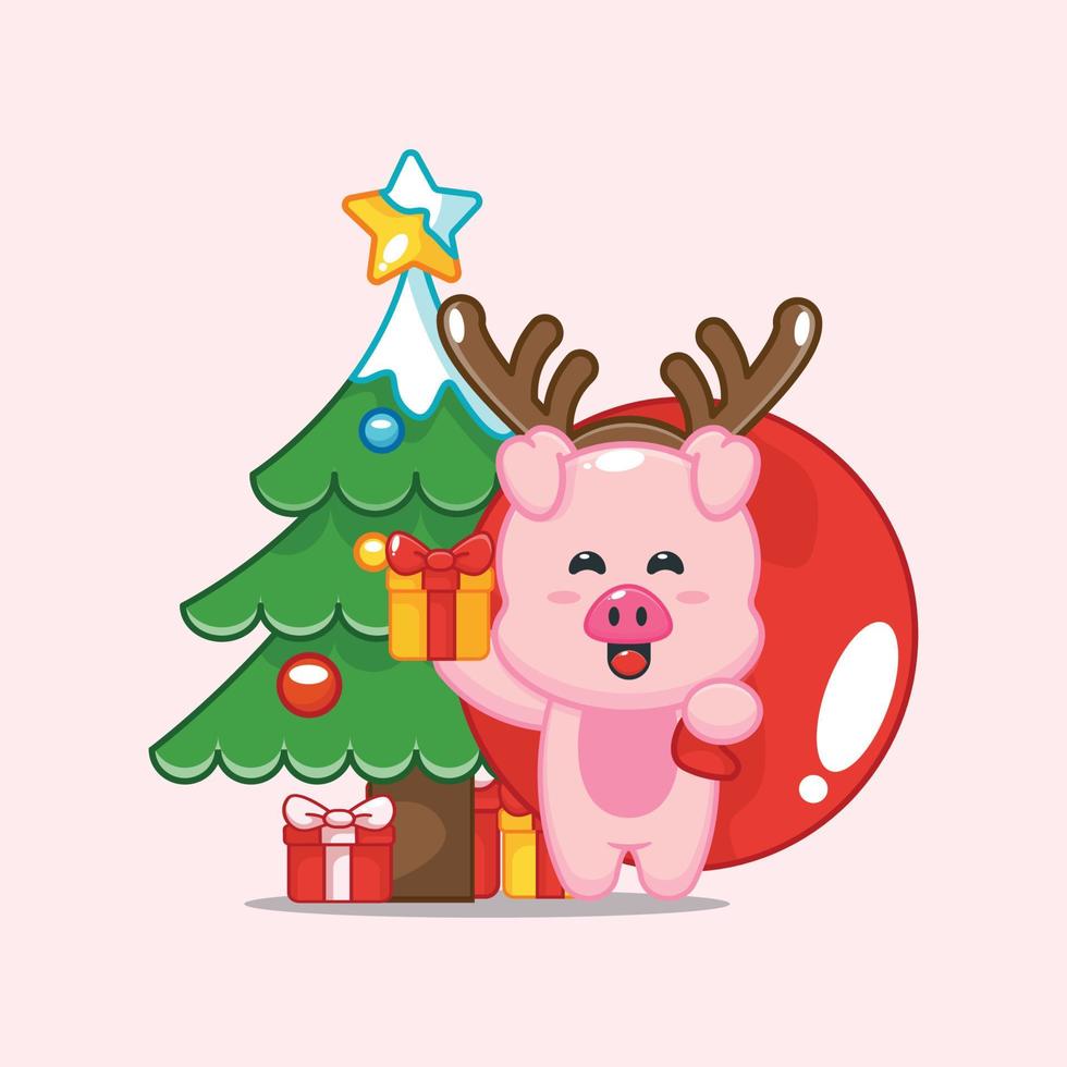 schattig varken met kerstcadeaudoos met kersttas vector