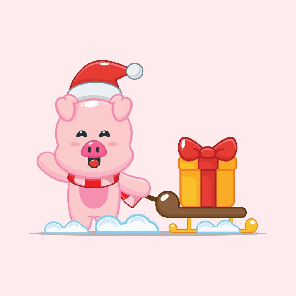 schattig varken met kerstcadeaudoos vector