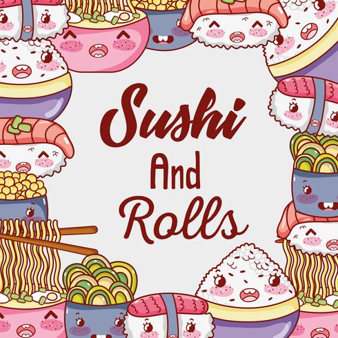 Sushi en rollen schattige kawaii cartoons vector