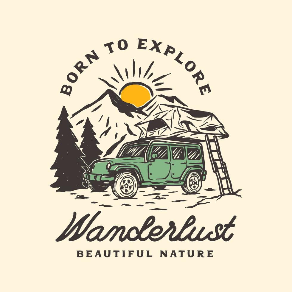 vintage handgetekende berg camper auto avonturen logo label vector