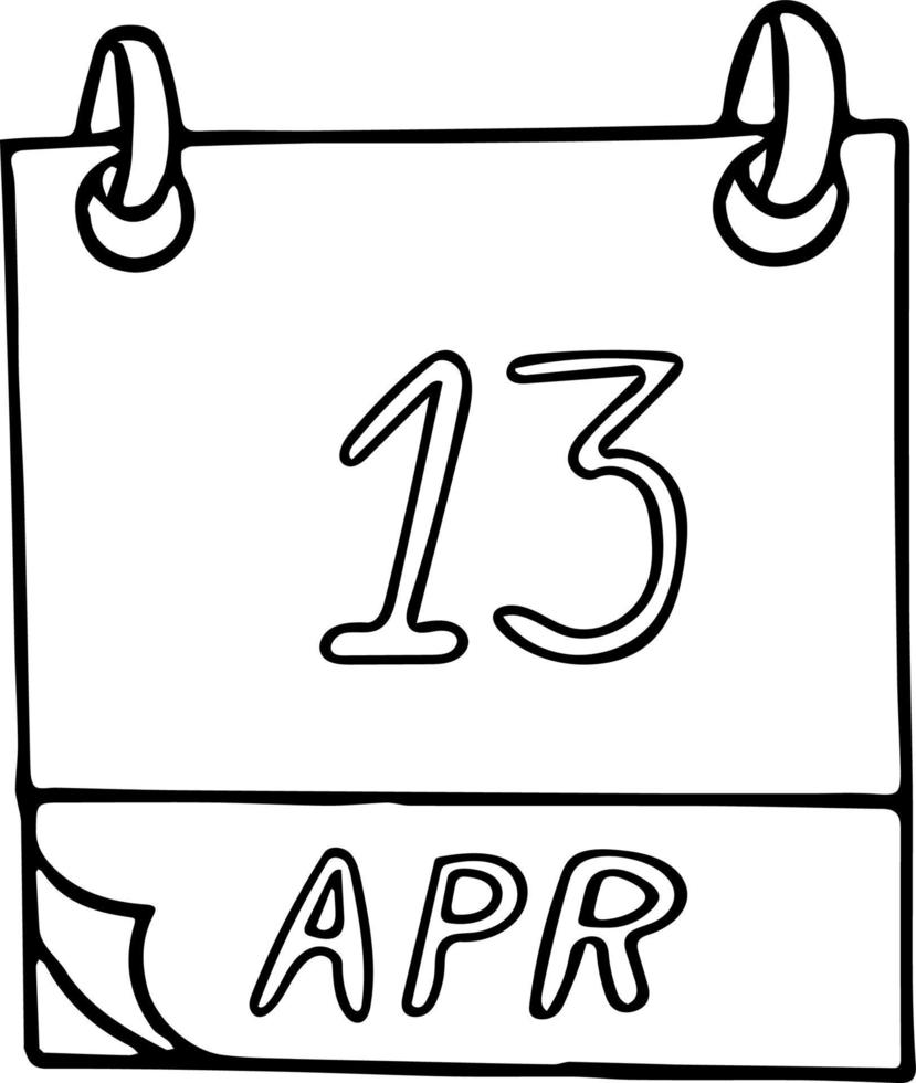 kalender hand getekend in doodle stijl. 13 april. wereld rock-n-roll dag, datum. pictogram, stickerelement voor ontwerp. planning, zaken, vakantie vector
