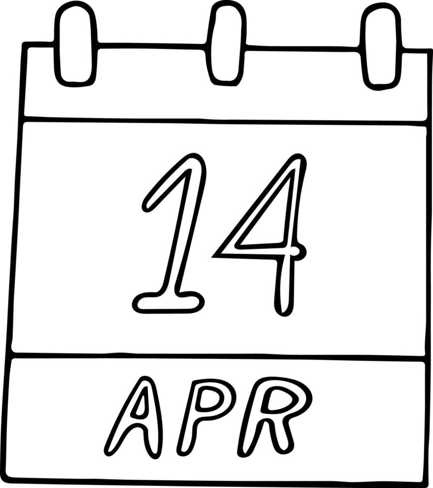 kalender hand getekend in doodle stijl. 14 april. rongali bihu, dag, datum. pictogram, stickerelement voor ontwerp. planning, zakenvakantie vector