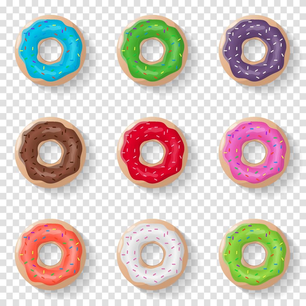 donuts instellen geïsoleerde achtergrond in realistische stijl. kleur geglazuurde donuts. vector illustratie