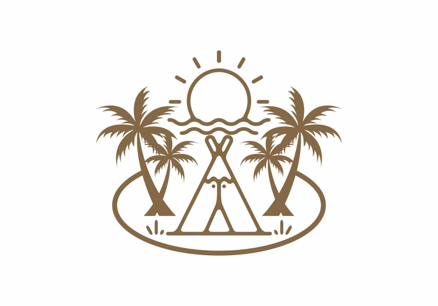 bruine kleur lijntekeningen van camping tekst en kokospalm vector