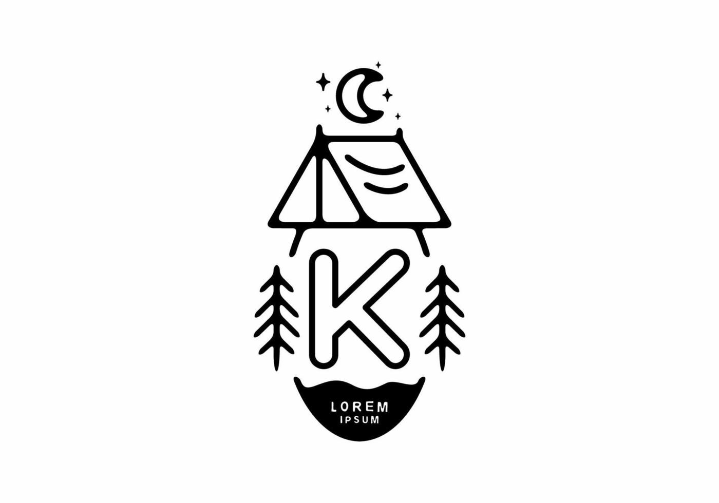 zwarte lijn kunst illustratie van camping tent badge met k letter vector