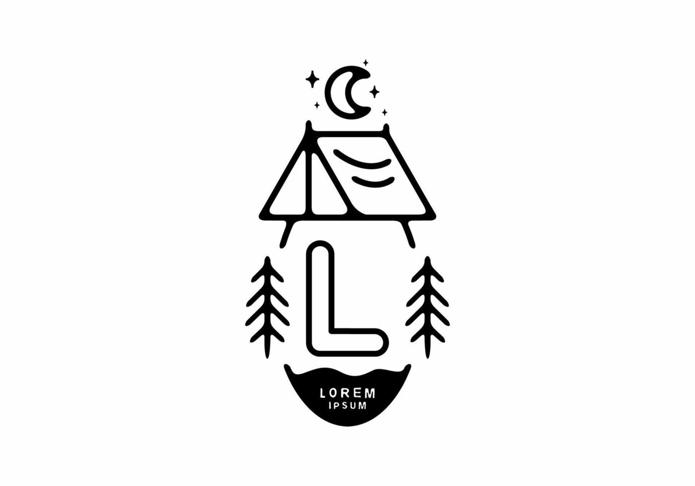 zwarte lijn kunst illustratie van camping tent badge met l letter vector