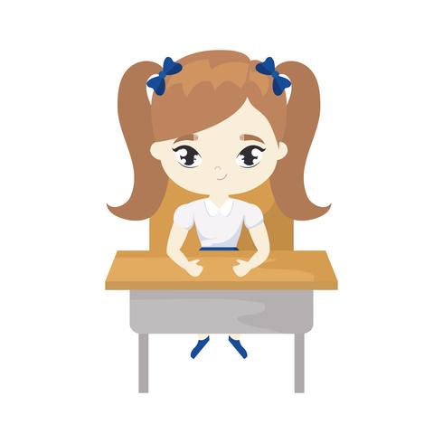 kleine student meisje zit op school bureau vector