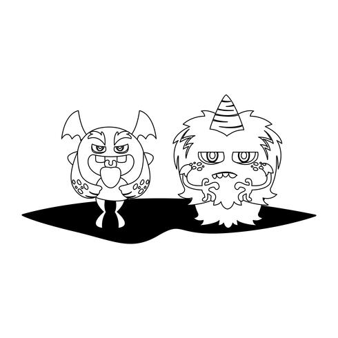 grappige monsters paar stripfiguren monochroom vector