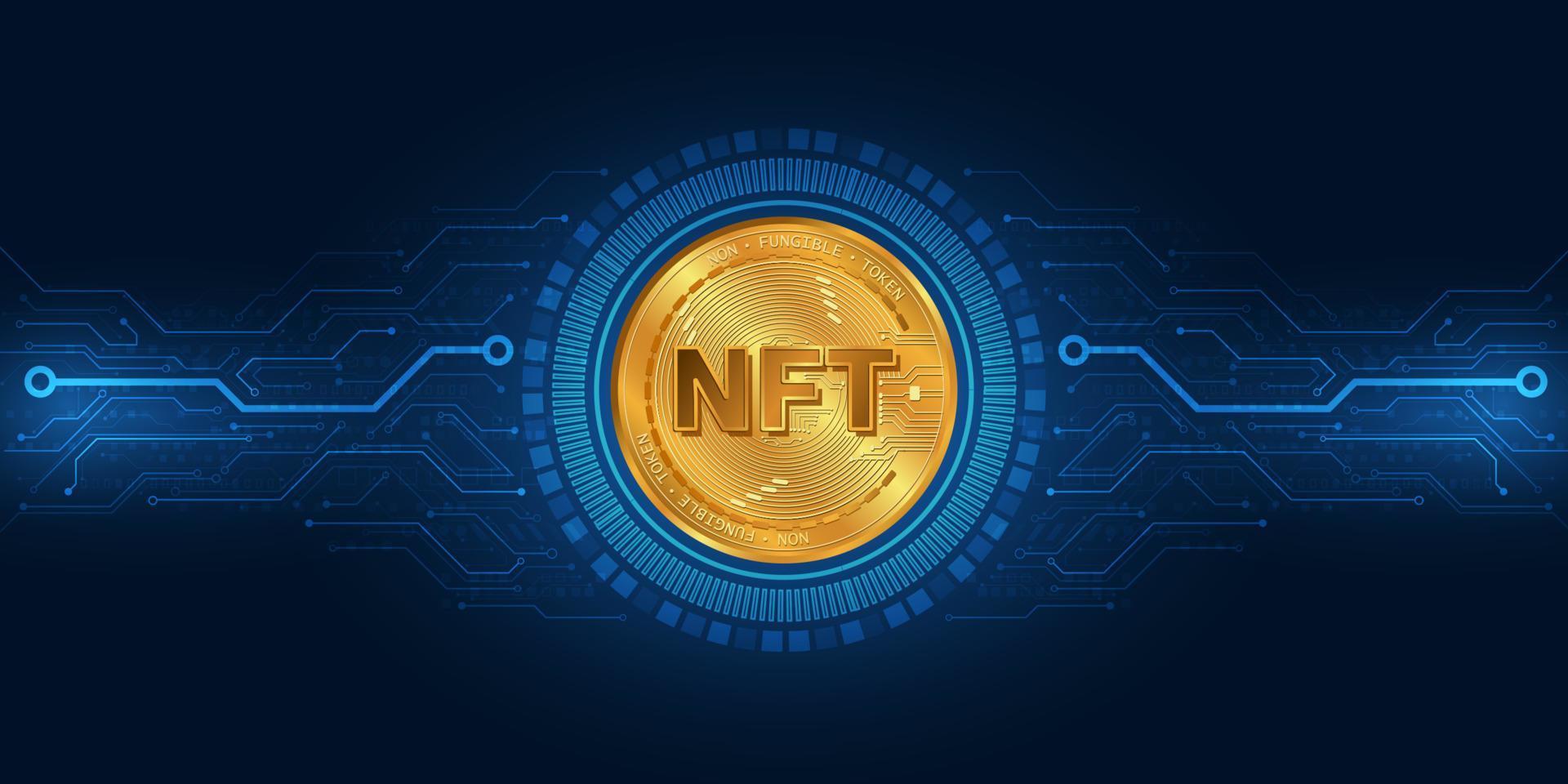 nft nonfungible token gouden coin.blue technologie background.digital valuta concept. vector