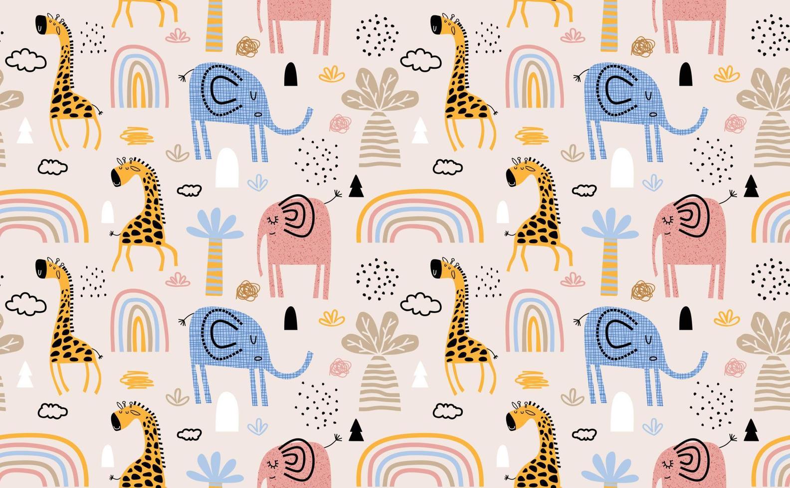 kleurrijk naadloos patroon met schattige olifanten en giraffen. vector
