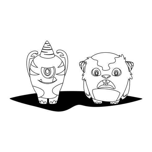 grappige monsters paar stripfiguren monochroom vector