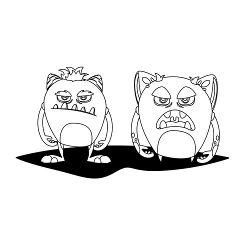 grappige monsters paar stripfiguren monochroom vector