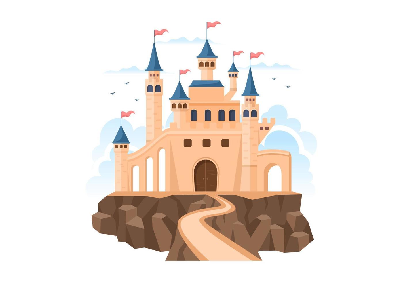 kasteel met majestueuze paleisarchitectuur en sprookjesachtig boslandschap in cartoon vlakke stijlillustratie vector