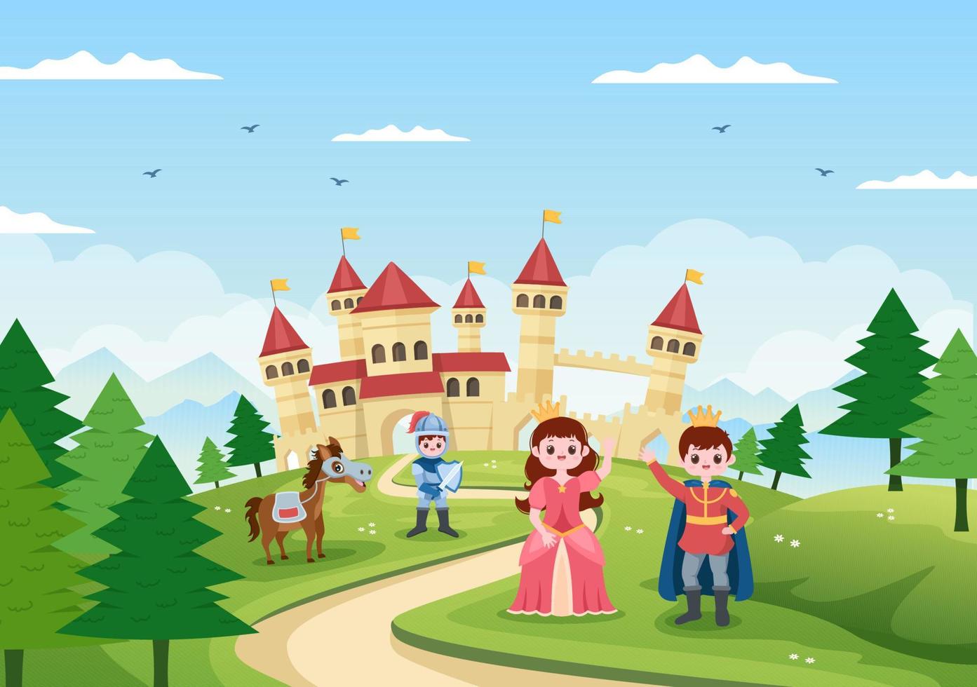 prins, koningin en ridder met paard voor het kasteel met majestueuze paleisarchitectuur en sprookjesachtig boslandschap in cartoon vlakke stijlillustratie vector