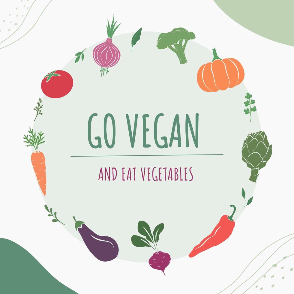 groente- en kruidenpictogrammen, ga veganistische slogan. concept van gezonde voeding, winkels met natuurlijke veganistische producten en biologische markt. vector