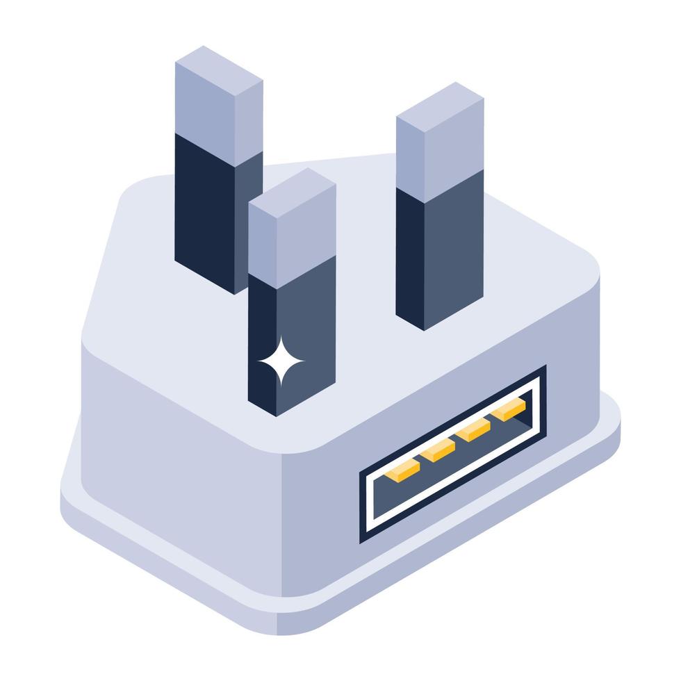 stekkerpictogram in isometrisch ontwerp, elektrische adapter bewerkbare vector