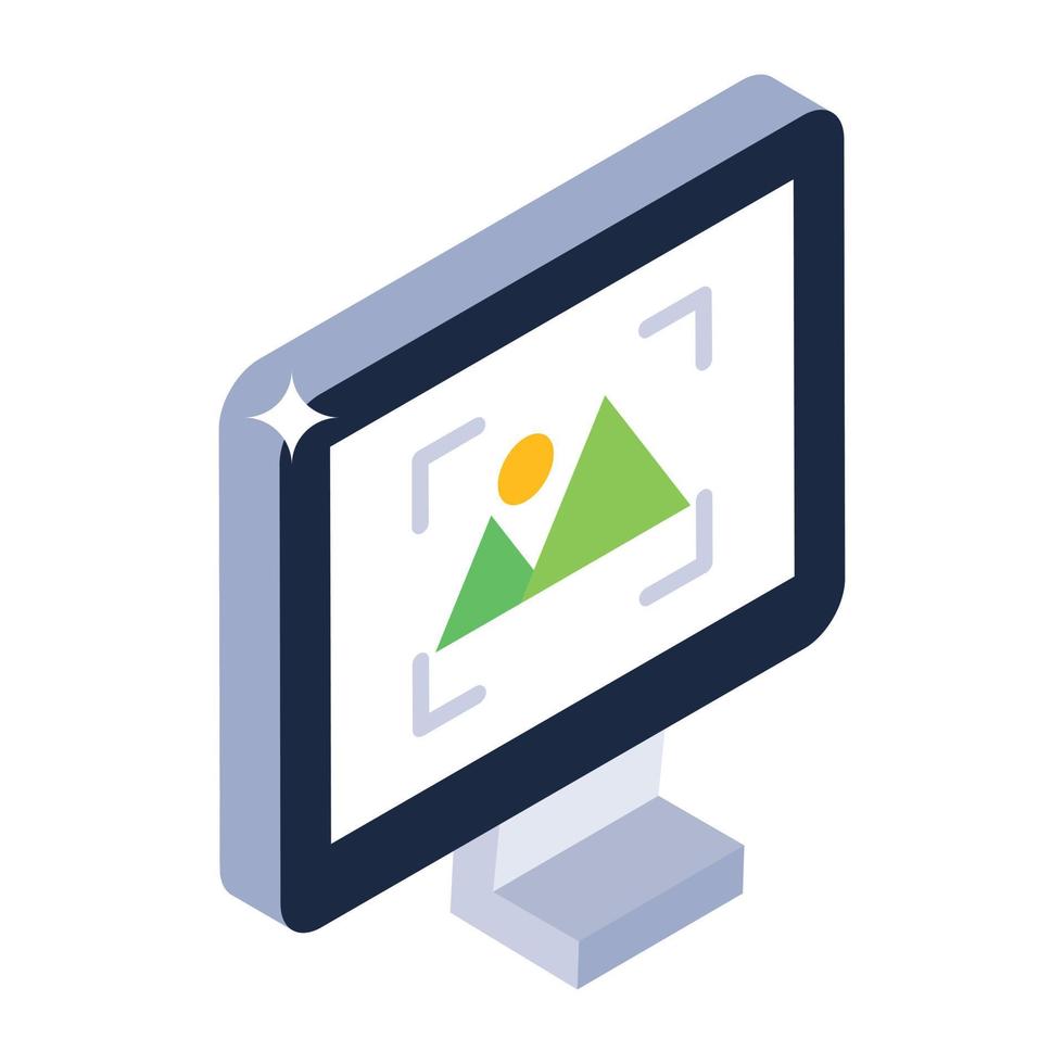 landschap binnen monitor dat isometrisch pictogram van computergalerij aanduidt vector