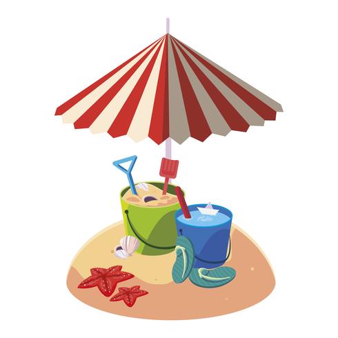 zomer zandstrand met paraplu en zand emmer speelgoed vector