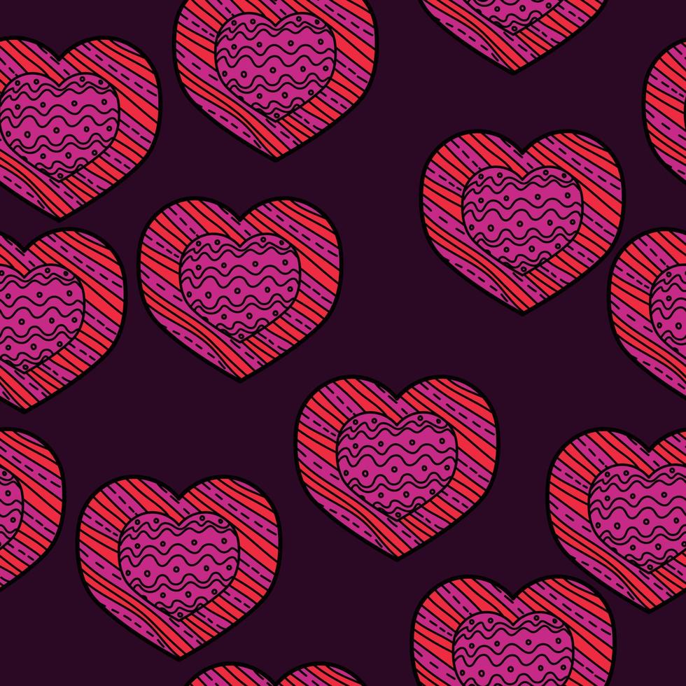 naadloos patroon van patroonharten met golven en strepen voor Valentijnsdag, roze doodleharten op een grijze achtergrond vector