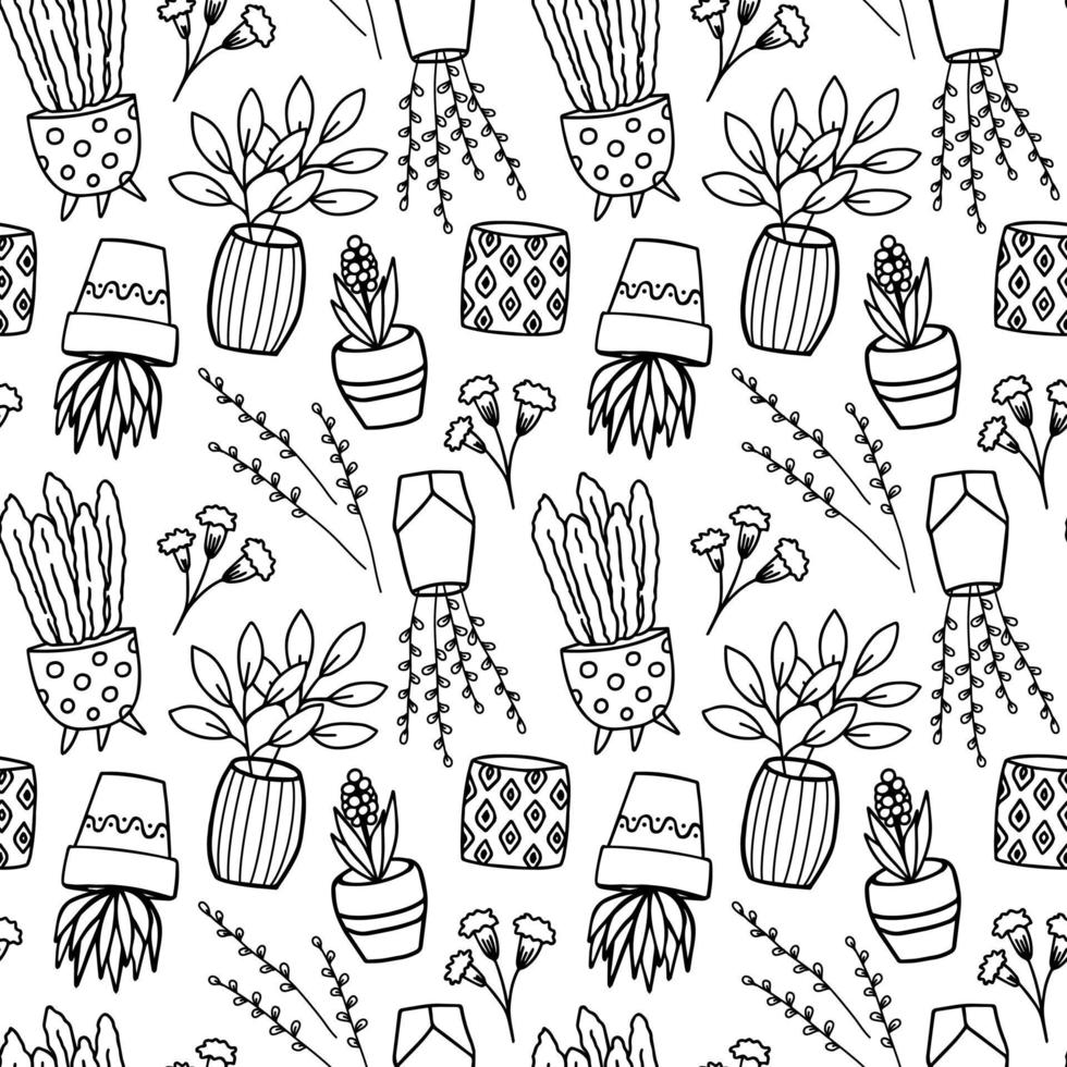 naadloze patroon met wilde bloemen en bloempotten op een witte achtergrond. zwart-wit vector doodle stijl achtergrond