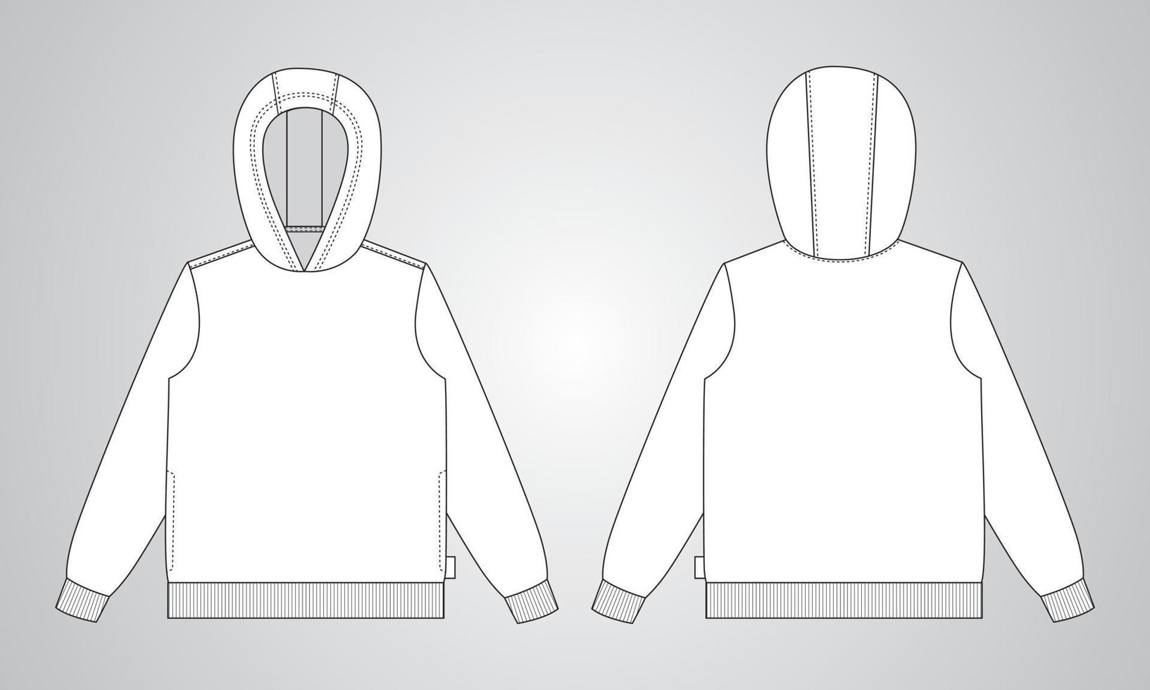 hoodie met lange mouwen technische mode schets tekening sjabloon voor- en achteraanzicht. kleding jurk ontwerp vector illustratie mock up trui cad. gemakkelijk bewerken en aanpasbaar.