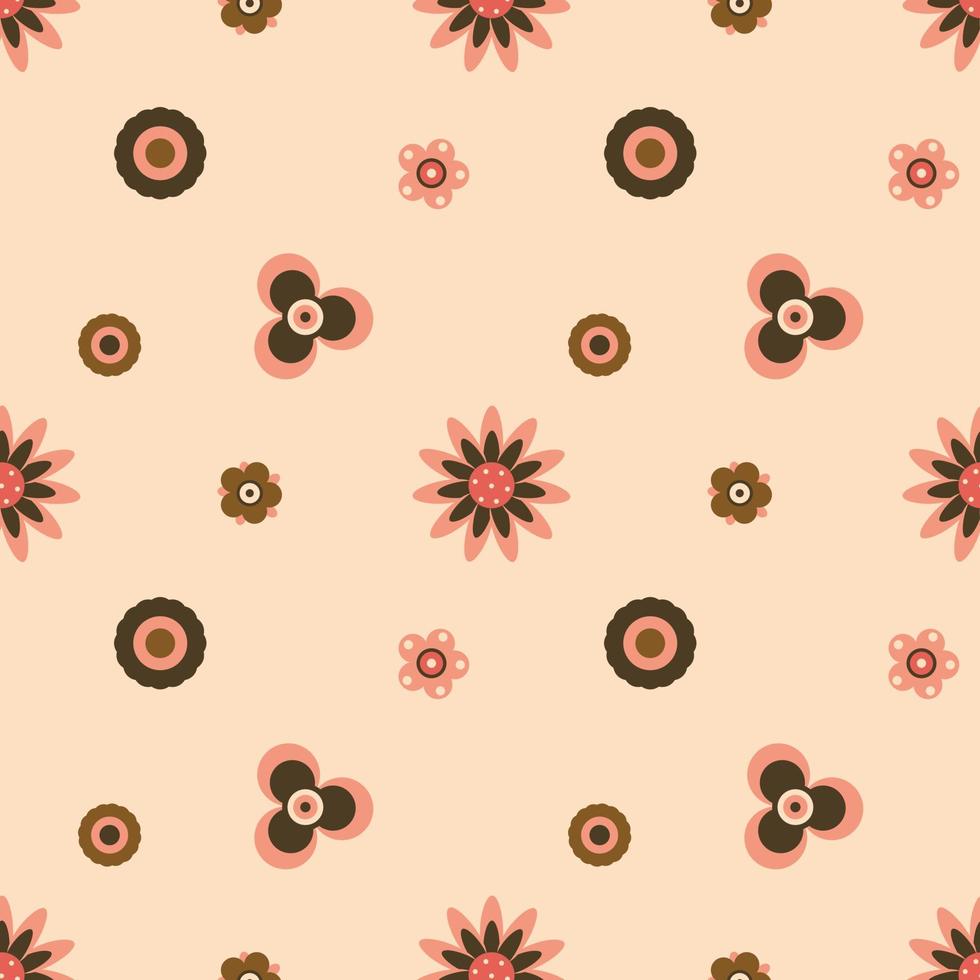 retro jaren 70 hippie bloemmotief achtergrond met hippie bloemen voor stof, kinderkamer behang, schattige print. vector vintage herhalingspatroon. pastel roze kleuren