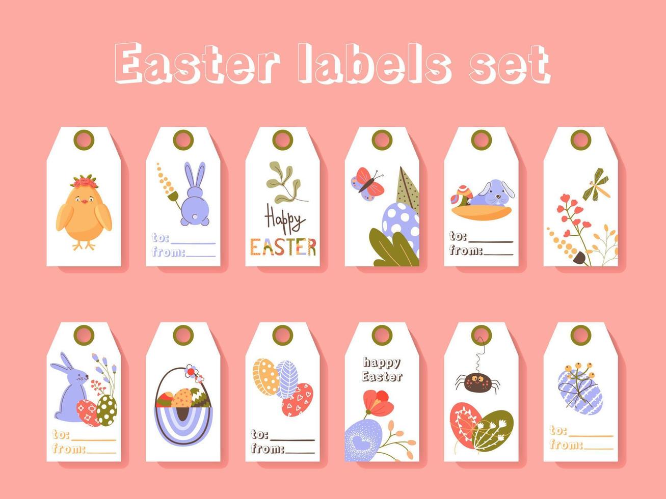 Pasen groet cadeau labels en tags collectie met schattige konijntje, eieren en bloemen. voorjaarsvakantie sjabloon voor seizoensgebonden verpakking, verpakking, stickers. gekleurde platte vectorillustratie vector