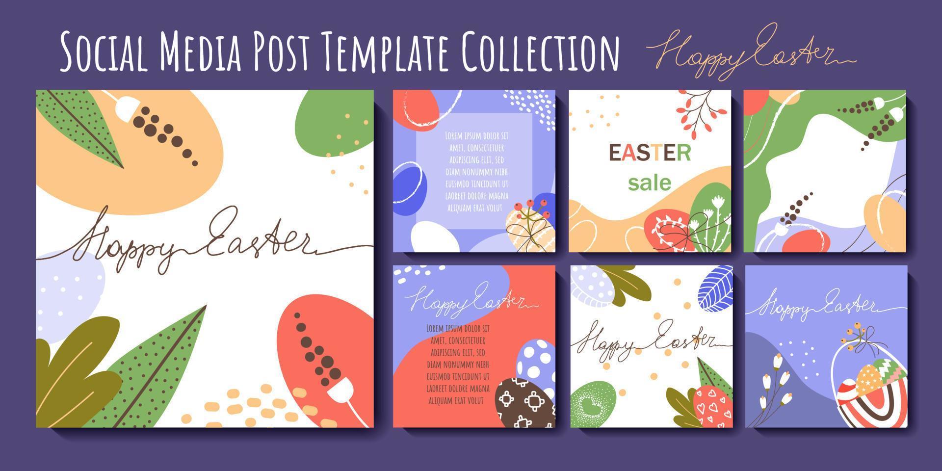 happy easter social media post template collectie. kleurrijk bannerontwerp met eieren, bloemen en bladeren. set vierkante trendy sjablonen perfect voor wenskaarten, covers, online reclame. vector