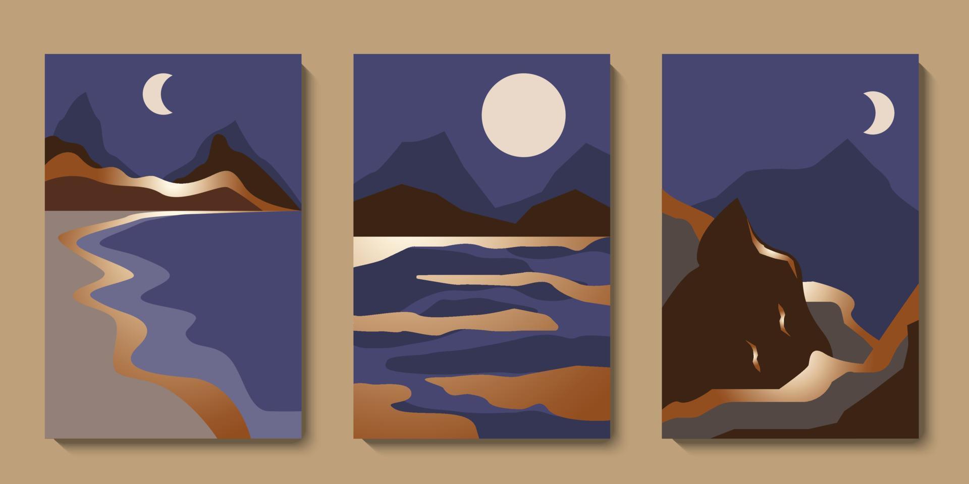 minimalistische abstracte gouden landschapsmuurkunstreeks. halverwege de eeuw bergen luxe achtergrondcollectie. modern kunstontwerp voor behang, hedendaagse interieurposter, print. vector illustratie