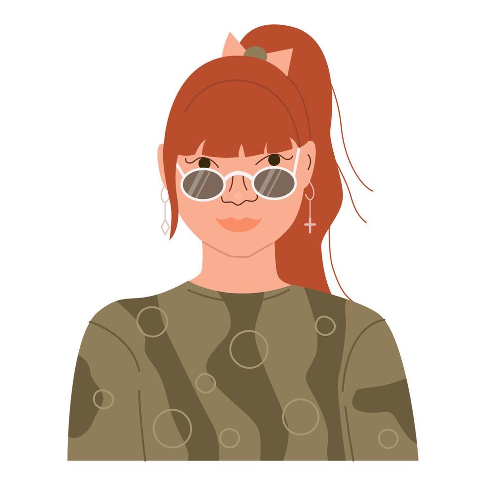 portret van gelukkig lachend tienermeisje. avatar van grappige stijlvolle tiener vrouwelijke karakter. platte vectorillustratie geïsoleerd op een witte achtergrond vector