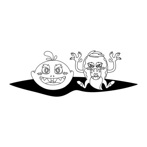 grappige monsters paar stripfiguren monochroom vector