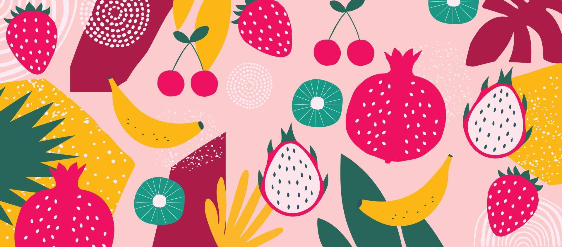 exotisch fruitposter. zomer tropisch ontwerp met fruit, banaan, aardbei, granaatappel, pitaya, kers, kiwi kleurrijke mix. gezonde voeding, veganistisch eten achtergrond vectorillustratie vector