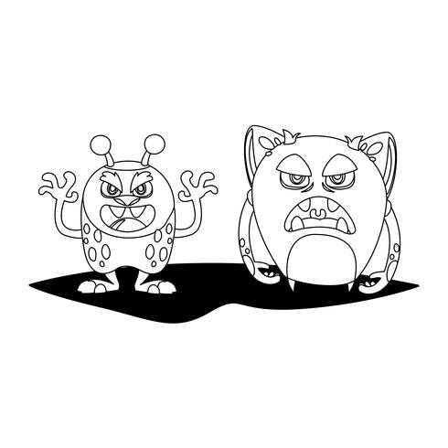 grappige monsters paar stripfiguren monochroom vector