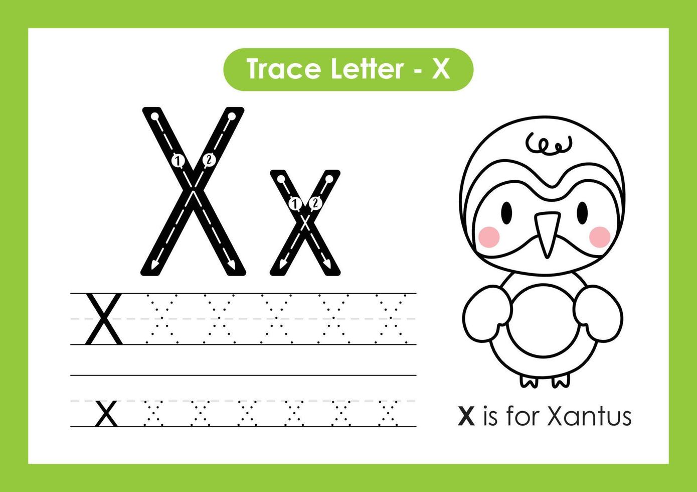 alfabet trace letter a tot z voorschoolse werkblad met letter x xantus vector