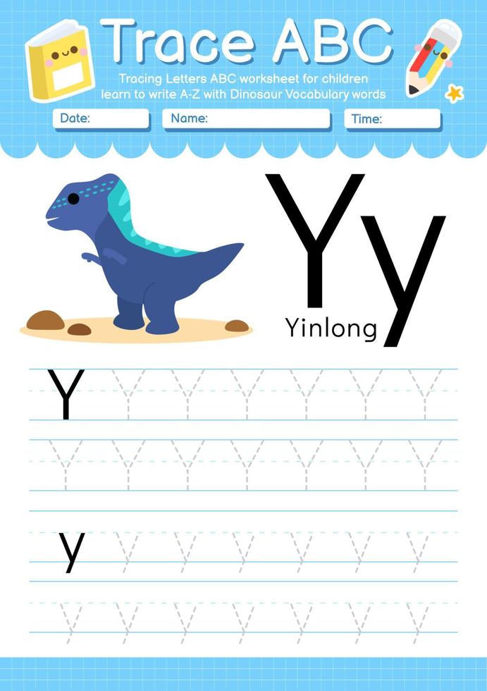 alfabet trace letter a tot z voorschoolse werkblad met dinosaurus type vector