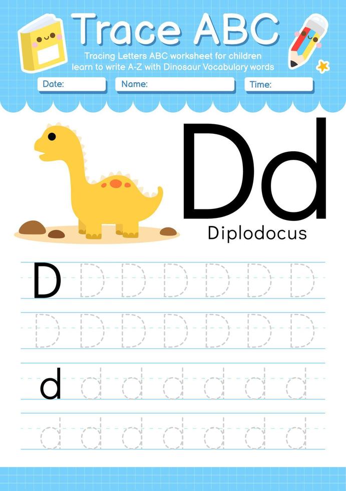 alfabet trace letter a tot z voorschoolse werkblad met dinosaurus type vector