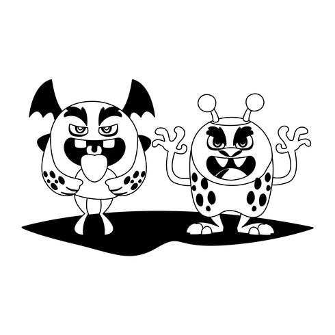 grappige monsters paar stripfiguren monochroom vector