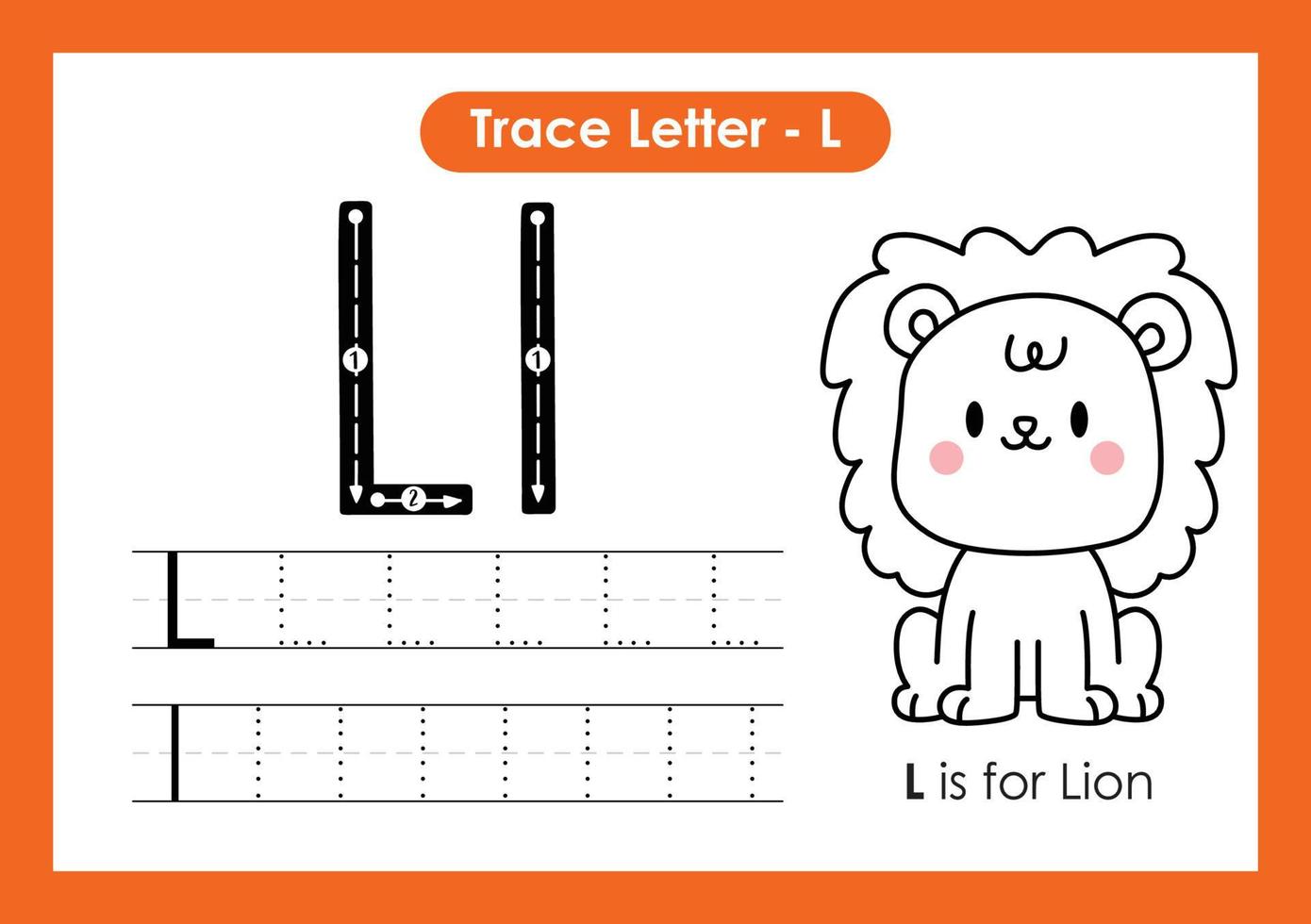 alfabet trace letter a tot z voorschoolse werkblad met letter l leeuw vector