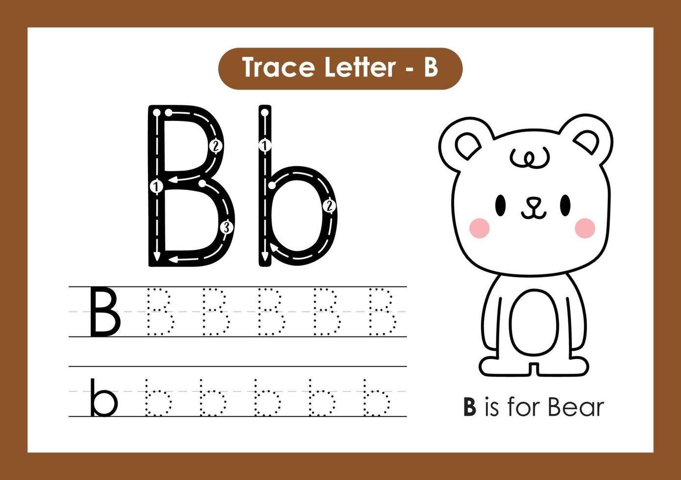 alfabet traceer letter a tot z voorschoolse werkblad met letter b beer vector