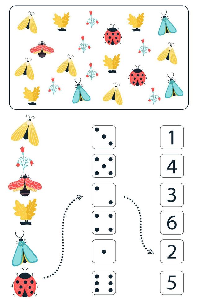 wiskunde educatief spel voor kinderen. wiskunde werkblad voor kinderen met kleurrijke insecten, vlinders, kevers, bloemen. vector, cartoonstijl. vector