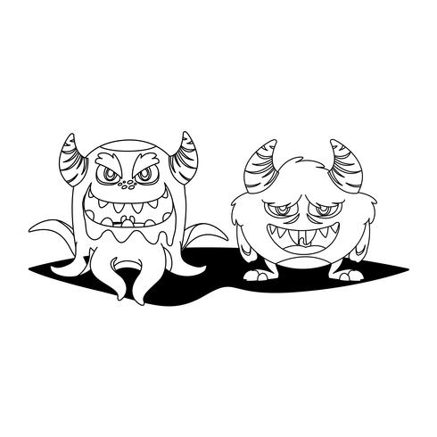 grappige monsters paar stripfiguren monochroom vector