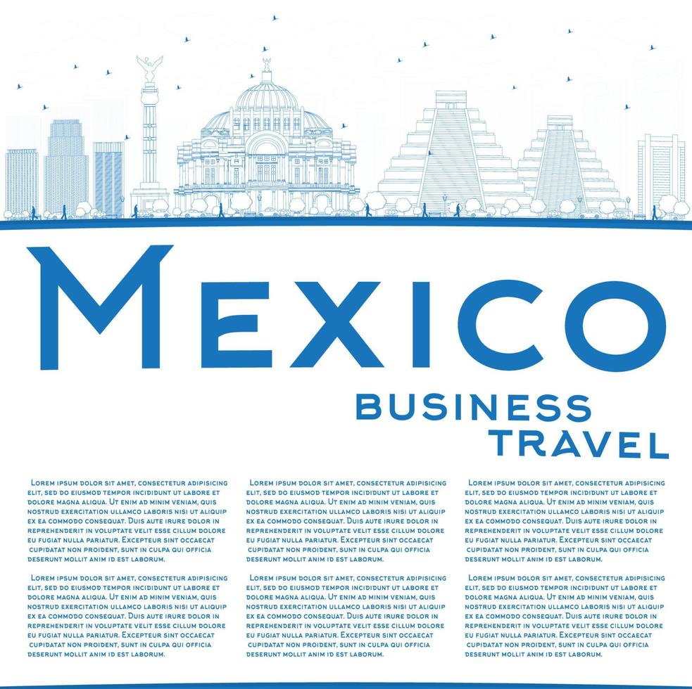 schets de skyline van mexico met blauwe oriëntatiepunten en kopieer ruimte. vector