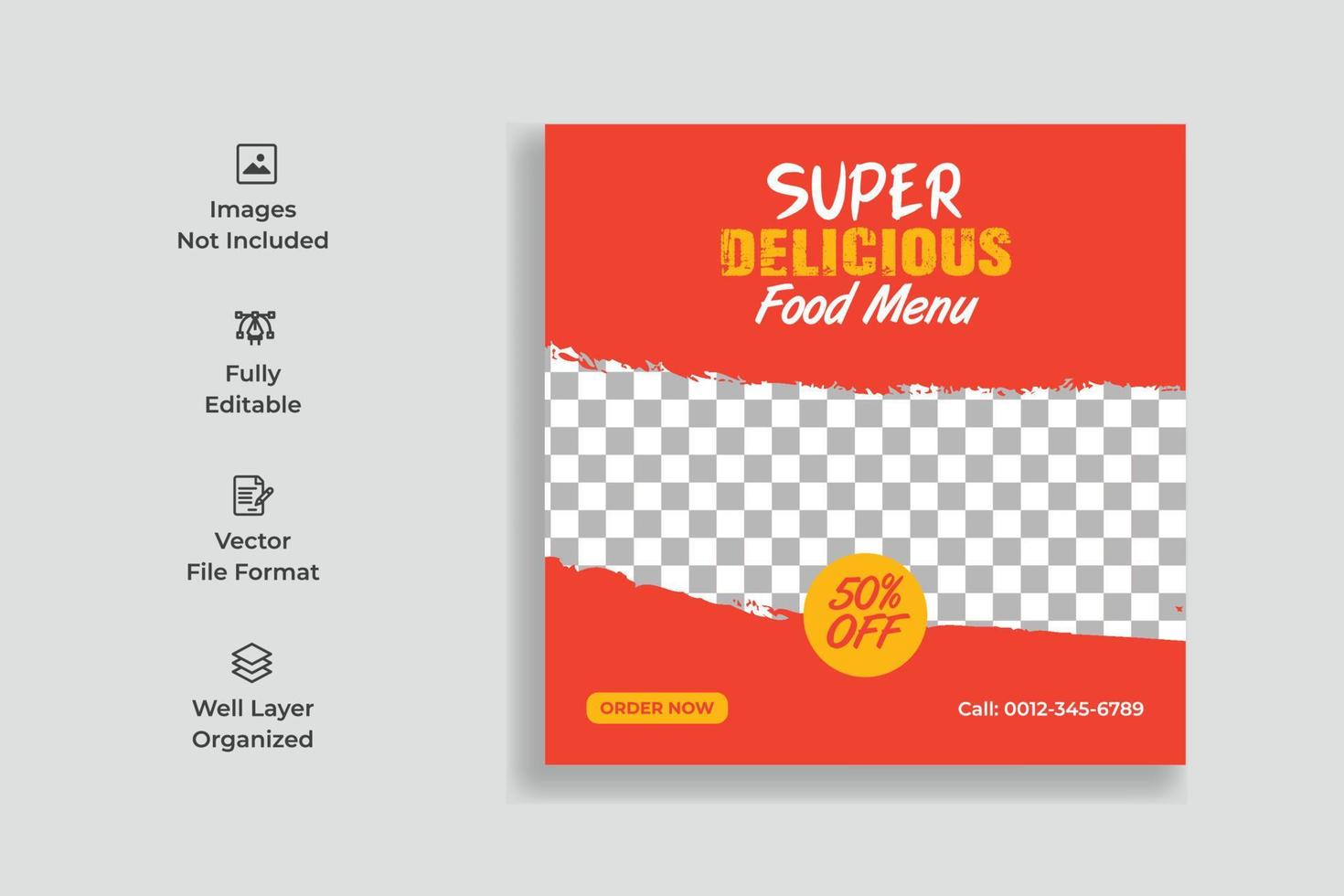 food burger social media post sjabloonontwerp. heerlijk eten menu social media banner sjabloonontwerp vector