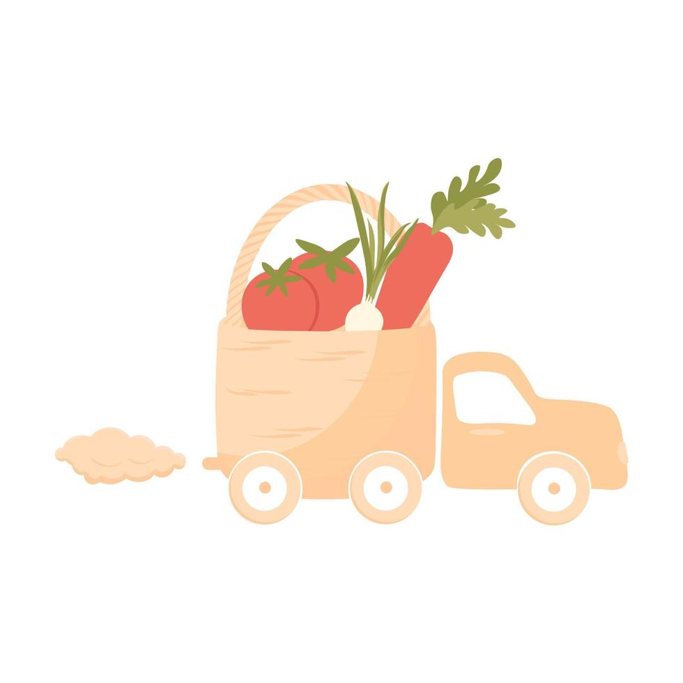 boerderijvoedsel wordt bestuurd door een vrachtwagen. levering, logistiek. het logo van de groentewinkel. boerderij. tomaten, wortelen, uien in de mand. vector voorraad illustratie. geïsoleerd op een witte achtergrond.