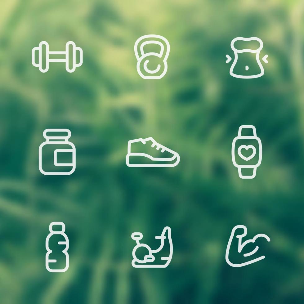 sportschool, fitness training iconen set, lineaire pictogrammen op onscherpe achtergrond vector