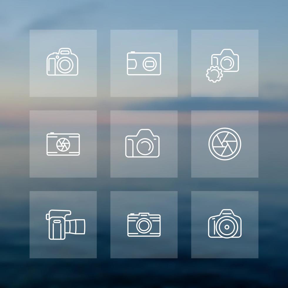 camera, fotografie lijn iconen set, diafragma, compact, dslr, slr camera, voor- en zijaanzicht vector