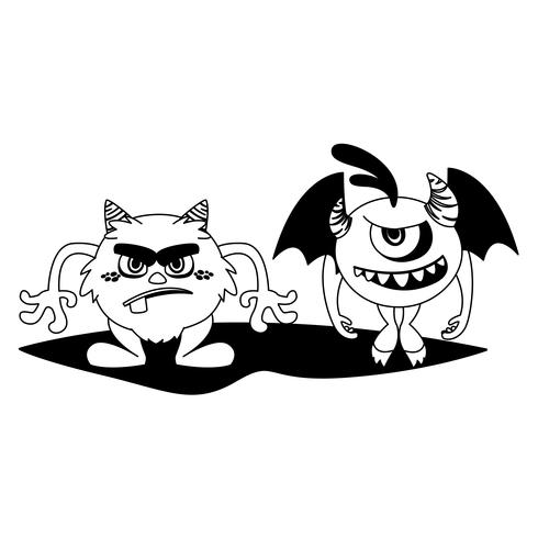 grappige monsters paar stripfiguren monochroom vector