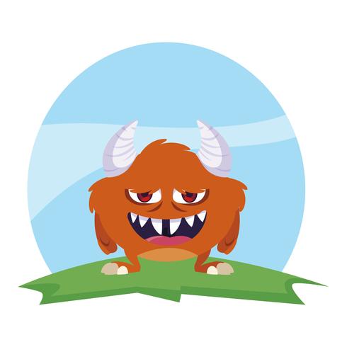 grappig monster met hoorns in het veld vector