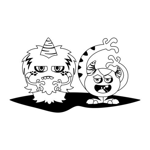 grappige monsters paar stripfiguren monochroom vector