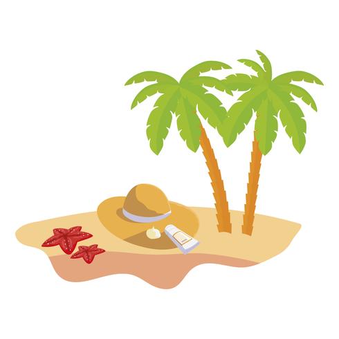 zomer strand scène met palmbomen en strooien hoed vector
